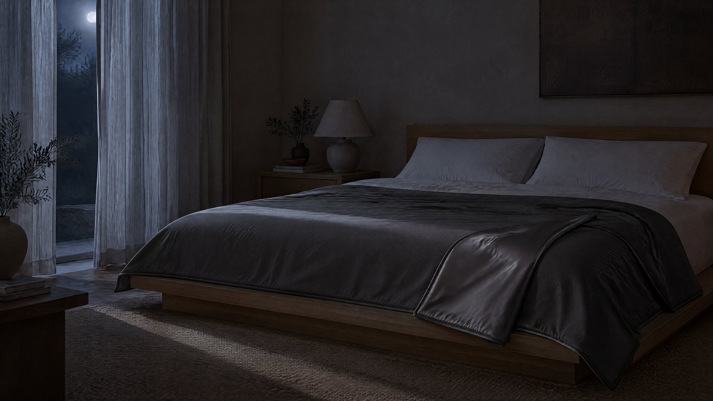 A moonlit bedroom in deep blue, a charcoal comforter on the bed