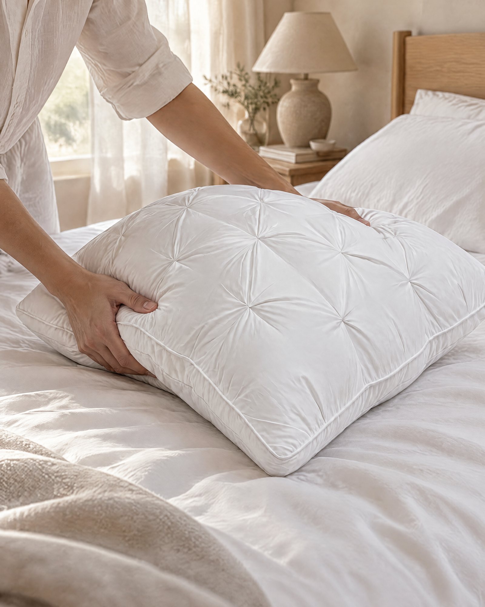 Hands fluffing a white pillow